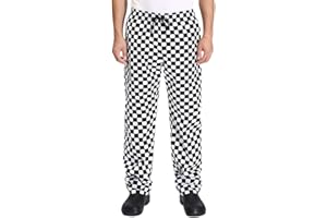 NIDEEN Men’s Black and White Checkerboard Print Chef Pants with Elastic Waist Drawstring Baggy Chef Uniforms