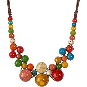 Chotsian Boho Ceramic Beaded Necklaces for Women, Chunky Bead Statement Necklace, Adjustable Rope Chain Bohemian Colorful Nec