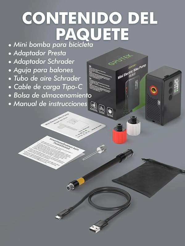 Inflador Electrico Bicicleta 120 PSI Mini Bomba de Aire, Manómetro