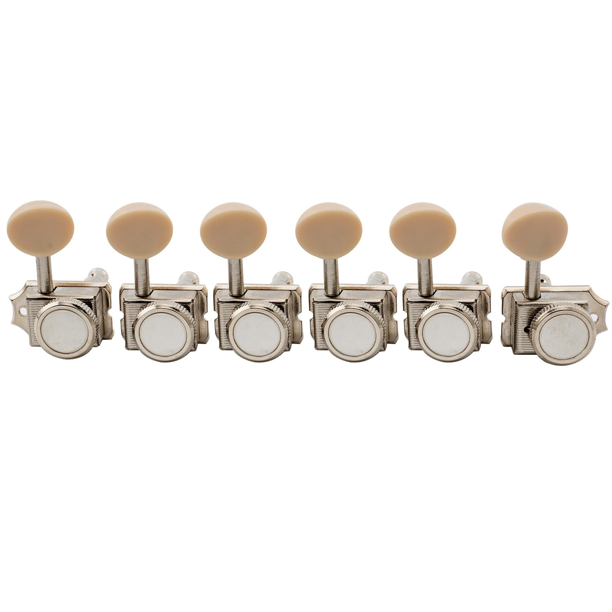 Musiclily Pro 6 inline Vintage Hybrid Style Guitar Locking Tuners Tuning Pegs Keys Machine Heads Set for Fender Squier Classic Vibe Strat/Tele Electric Guitar, Nickel with Oval Plastic Button
