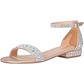 SheSole Women's Rhinestone Low Block Heel Sandals Sparkly Ankle Strap Sandal Bridal Wedding Dress Shoes Silver Gold White