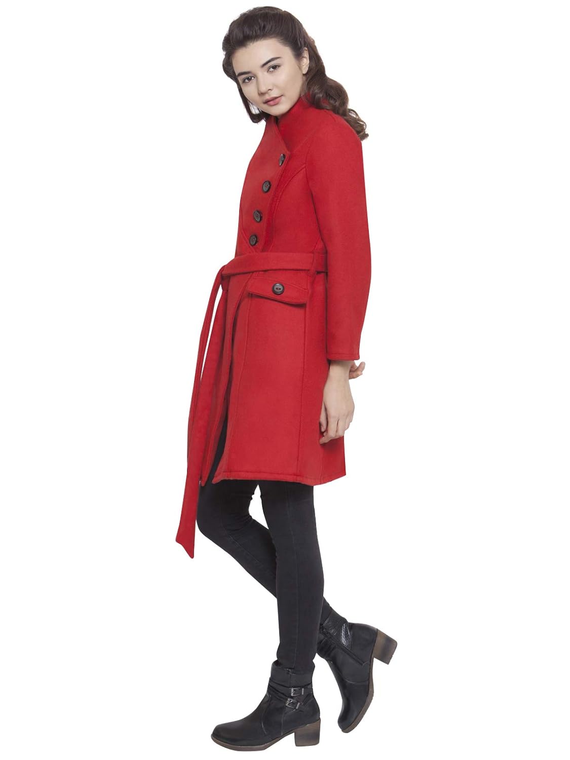 martini women red asymmetric belt long woolen coat