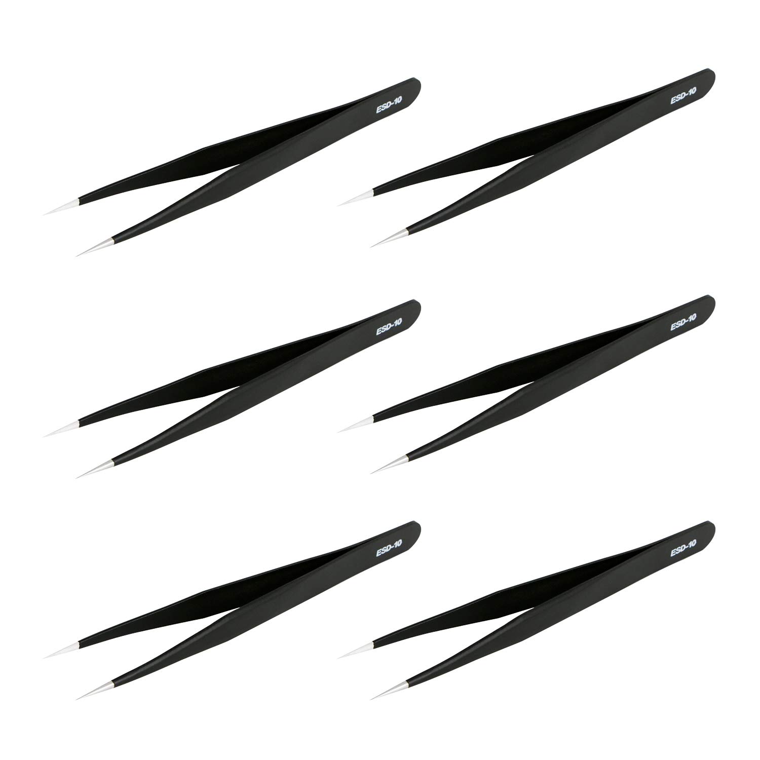 Aoje-Link ESD-10 Professional Anti-Static Technology Tweezers, Non-Magnetic Straight Pointed Tip, Stainless Steel Plastic Coated, Full Length 120mm, Black, 6pcs