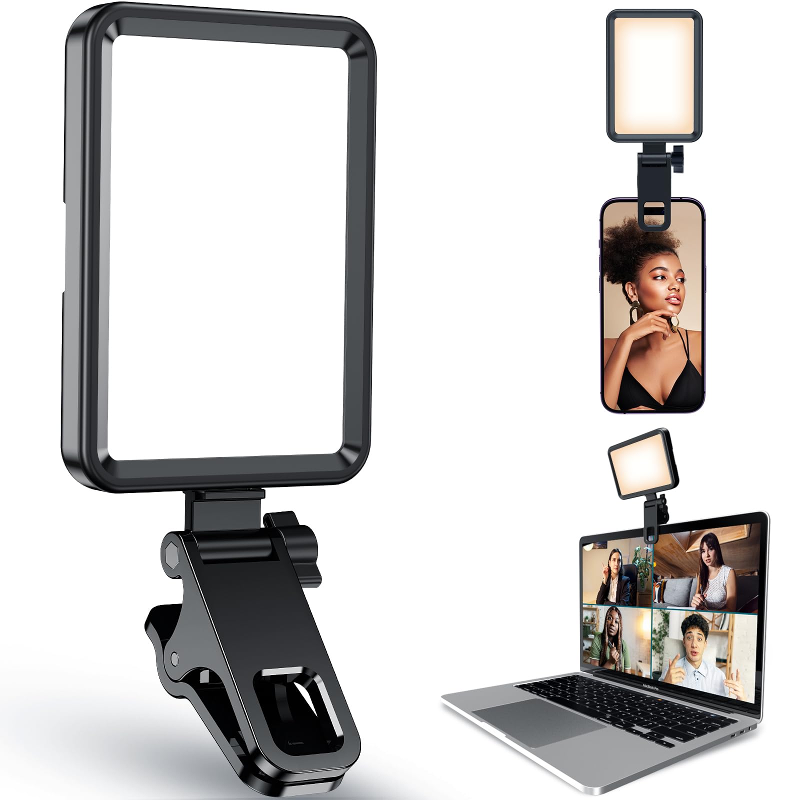 Datarm Rechargeable Soft Selfie Light for Phone, Camera, Laptop, 4-14H Battery Portable LED Light for Pictures, Phone Light Clip for Selfie, Vlog, TikTok, Makeup, Video Conference Grey