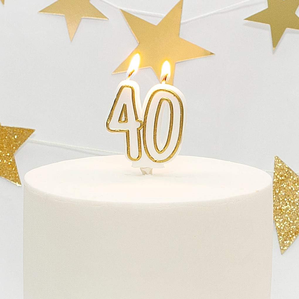 Age 40 Milestone Birthday Cake Candle, White/Gold