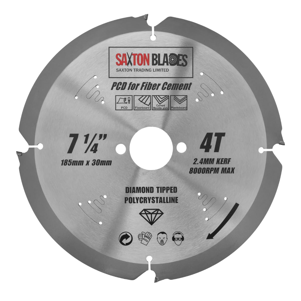 Saxton PCD Circular Saw Blade, 185mm x 4 Teeth x 30mm Bore 16, 20 & 25mm rings, Polycrystalline Diamond Tipped Fibre Cement Board, Hard Materials