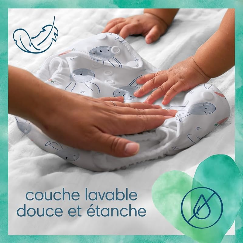 Harmonie Hybrid, 3 Couches Lavables Hybrid, Protège la Peau Sensible des Bébés, Avec des Ingrédients d’Origine Végétale et 0% de Parfum, Motifs Mignons