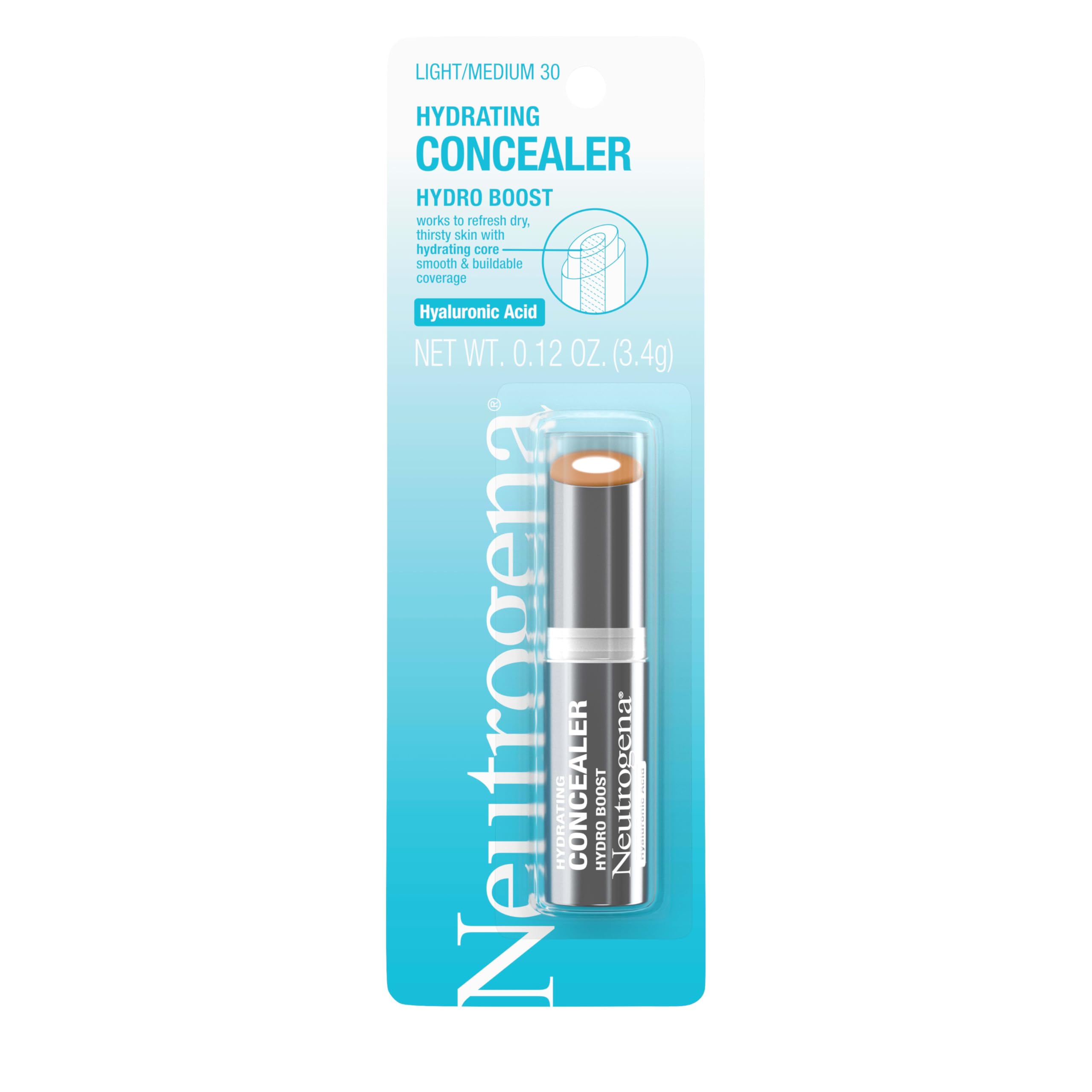 Photo 1 of Neutrogena Hydro Boost Hydrating Concealer Stick, Makeup with Hyaluronic Acid for Dry Skin, Lightweight Oil-Free Cover-Up with Buildable Coverage, 30 Light/Medium, 0.12 Oz