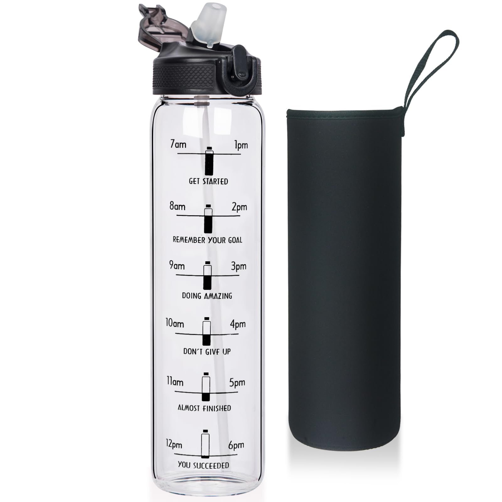Reeho 1L Glass Water Bottle with Straw & Time Marker, 1000ml Drinking Bottles with One-Click Flip Lid and Sleeve, Leak-proof, Reusable, BPA-Free, for Fitness, Yoga and Outdoors (Black)
