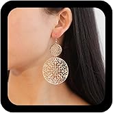 YienDoo Filigree Hollow Disc Dangle Drop Earrings Boho Gold Ethnic Carved Flower Earrings Double Round Disc Drop Earrings Statement Hook Earrings Wedding Bridesmaid Jewelry for Women