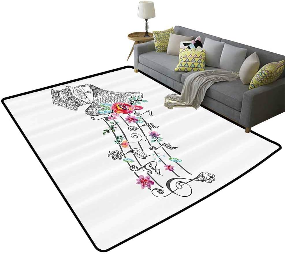 Music Decor Flexible Rug Vintage Gramophone Record Player with Floral Ornament Blossom Antique Will not Fade Grey Pink, 3'x 5'(90x150cm)