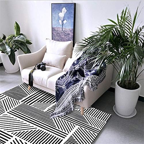 Plaixp Shaggy Rug Living Room Bedroom Kitchen Faux Fur for different Sizes Nordic Wind Geometric Irregular Black and White Line Striped Carpet -45x115cm