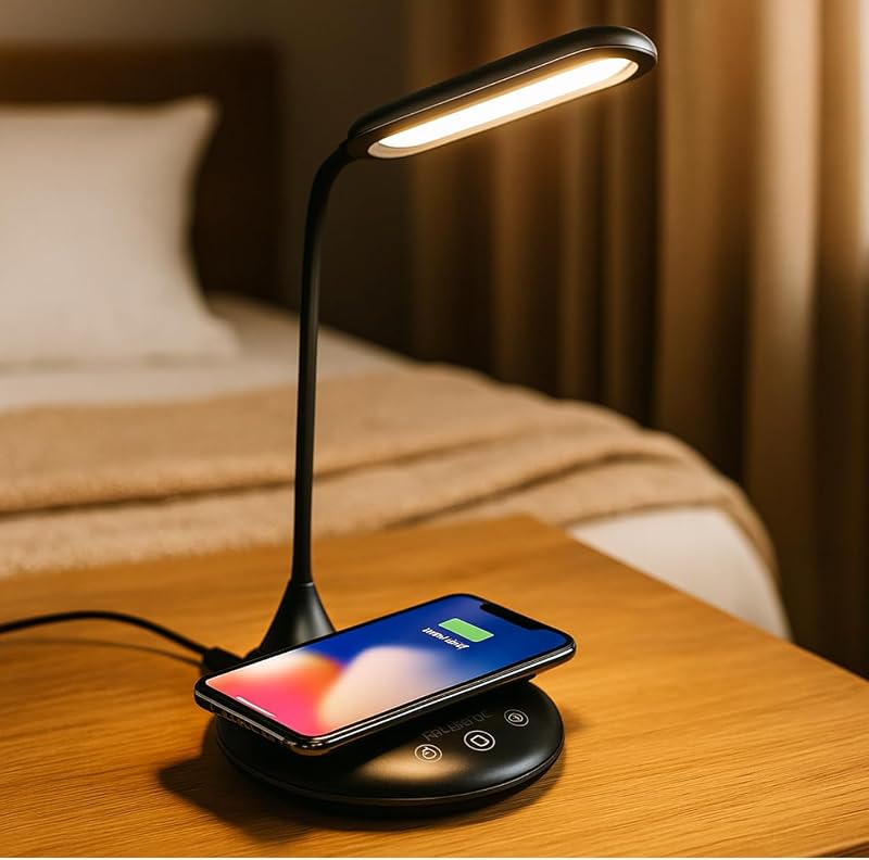 Lámpara de escritorio con cargador inalámbrico – Lámpara LED regulable táctil – Lámpara de noche con 3 colores de luz – USB-C – Brazo flexible para iluminación ajustable
