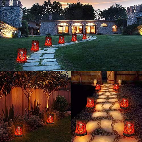 MAOKOT Halloween Solar Lights Outdoor, Flickering Flame Solar Lights, Outdoor Halloween Decoration Lights, Solar Powered Burning Skull Lights Halloween Decor for Deck Yard, 2 Pack