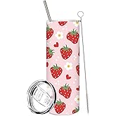 Whaline Strawberry Tumbler with Lid Straw Flower Heart Strawberry Stainless Steel Cup Red Pink White Tumbler Cup for Spring Summer Home Office Supplies
