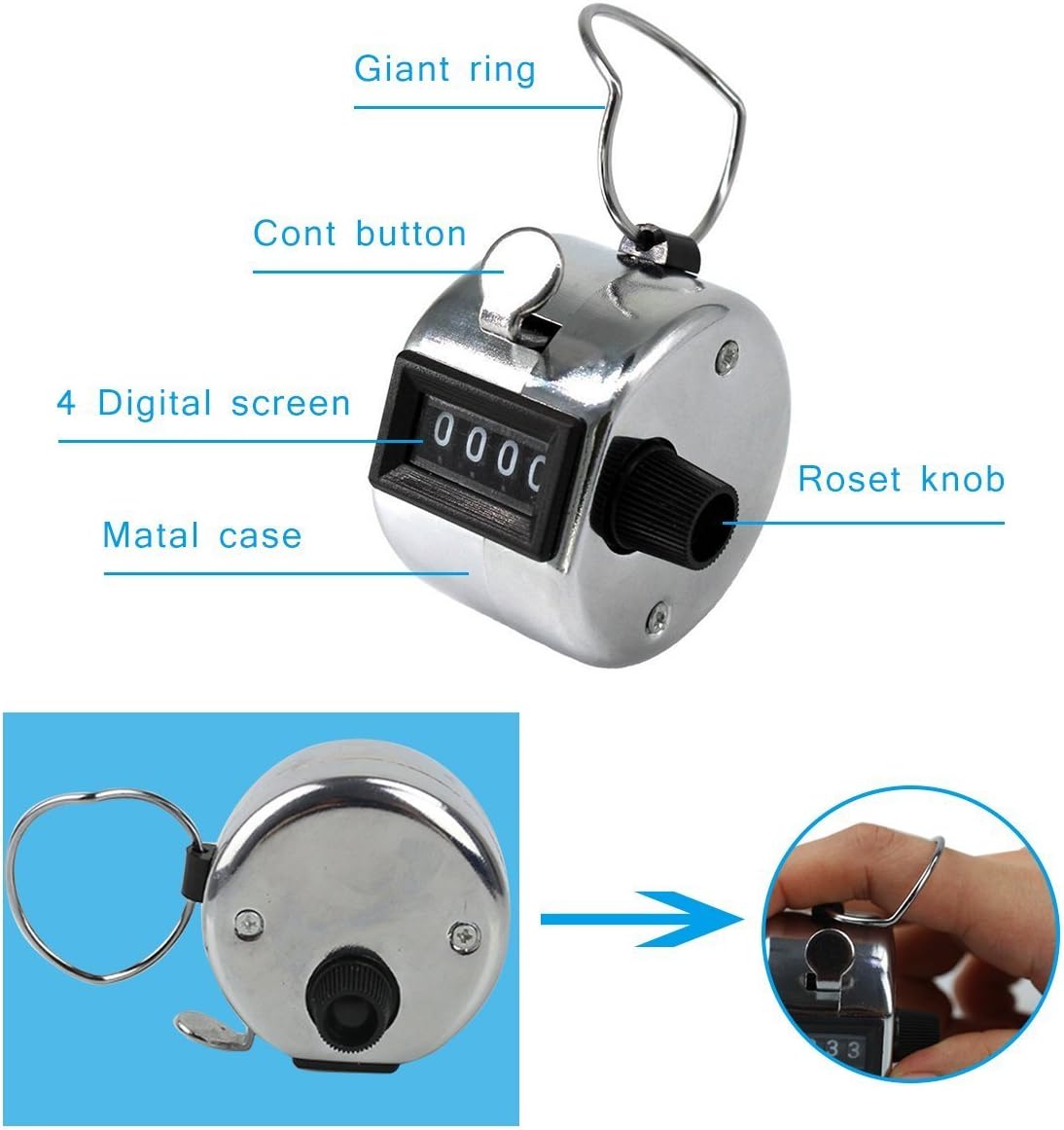 COSTARS Tally Counter Hand Held Clicker 4 Digit Chrome Palm Golf People ...