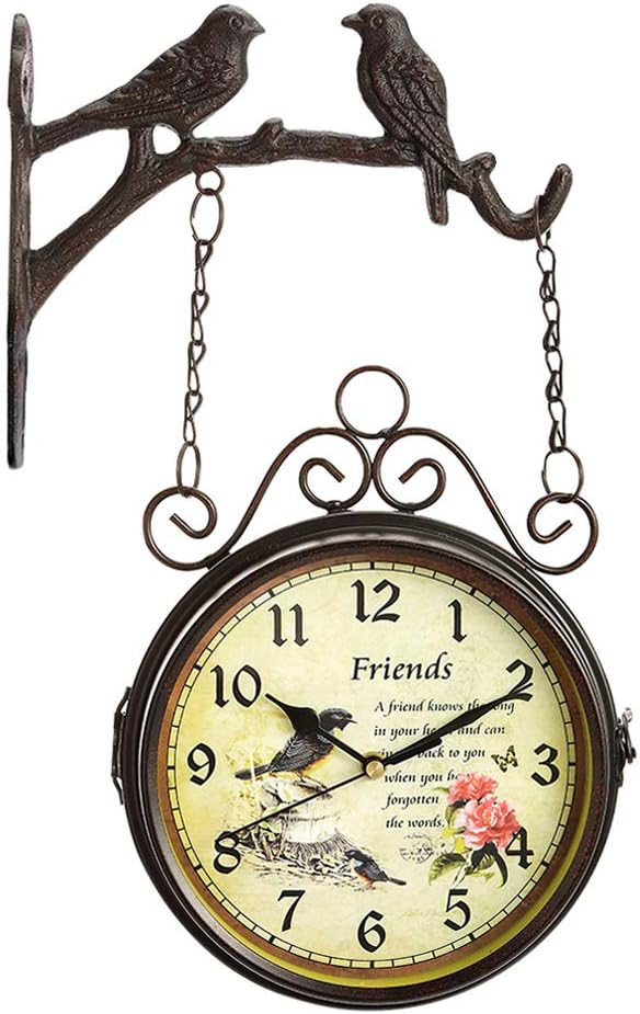 puto Double Sided Wall Clock, European Style Bird Clock Made of Wrought Iron, Non-Ticking Clock with Mounting Bracket for Indoor Decor 7-inch