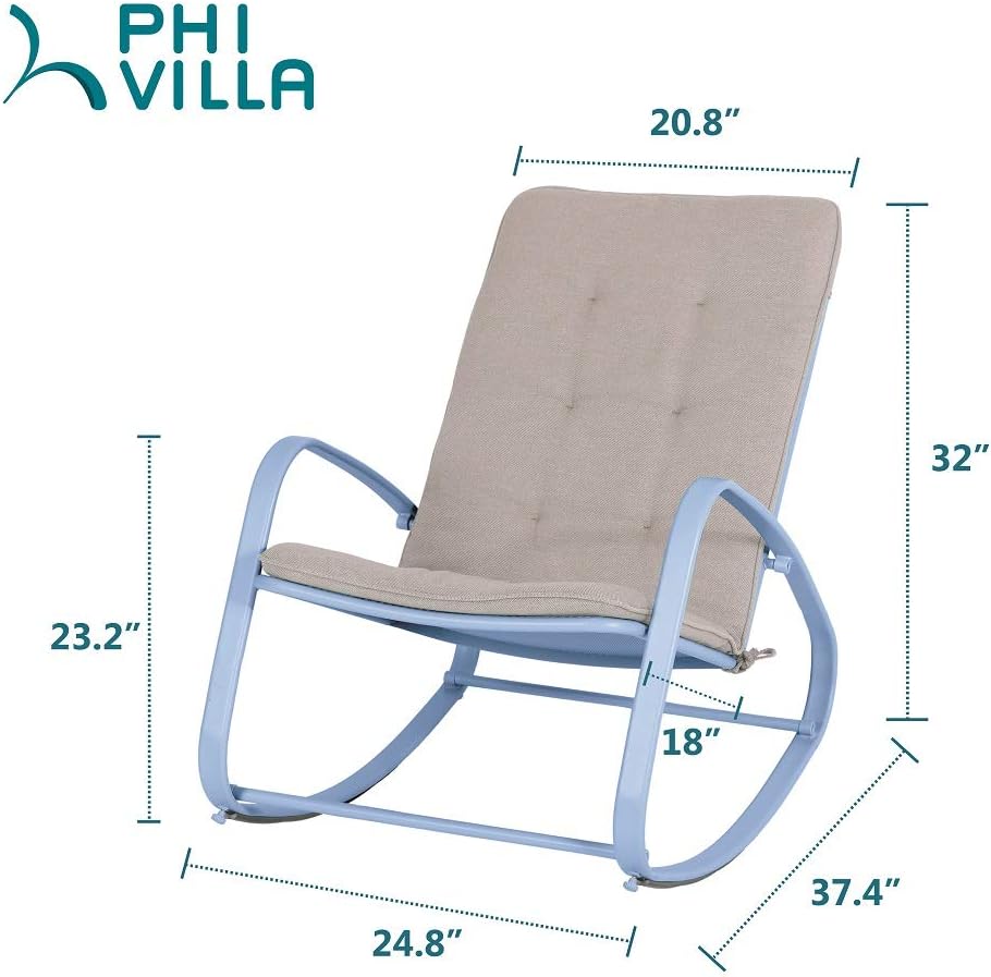 PHI VILLA Outdoor Patio Metal Rocking Chair, Padded Modern Rocker Chairs with Cushion, Support 300lbs for Porch, Deck, Balcony or Indoor Use (1 Pack, Blue): Furniture & Decor