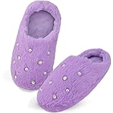 SEDUXI Girls Fluffy Slippers with Pearls & Crystals, Plush Low Heel House Shoes with Non-Slip Memory Foam for Winter Indoor