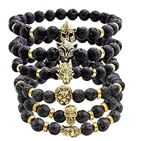 JOVIVI Jewelry 6pc Men Women 8mm Mix Style Gold Plated Lion/Wolf/Fox/Sparta Helmet Black Lava Energy Stone Beads Stretch Bracelet