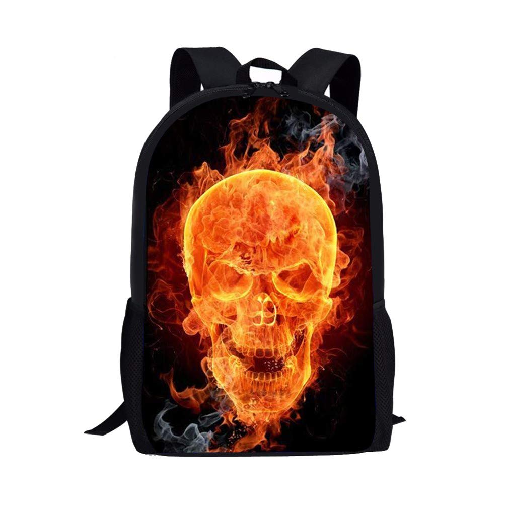 Skull Rucksack Kids Backpack Boys Children Book Pack Skull Fire Print Schoolbag with Water Bottle Holder Daypack by Showudesigns