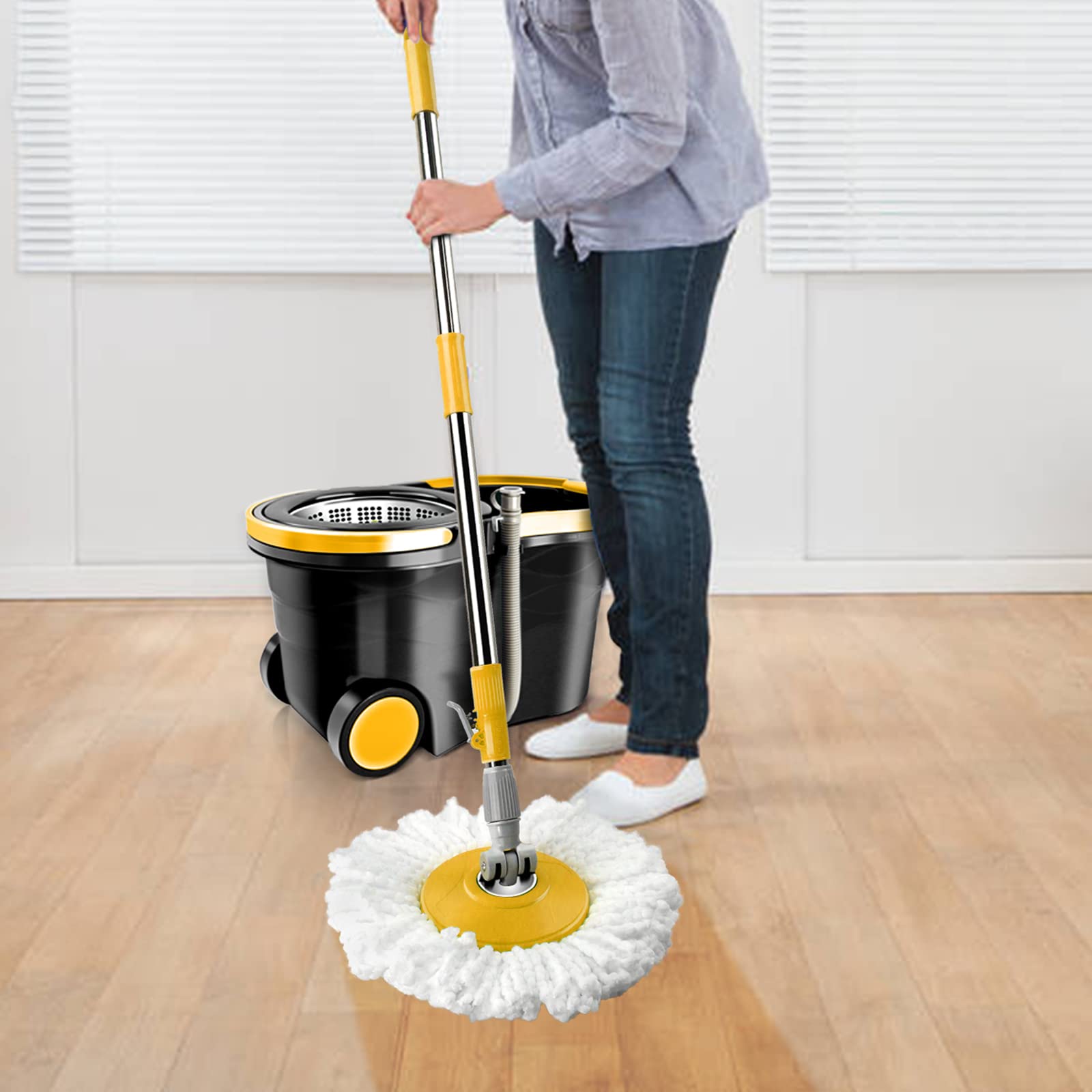 MASTERTOP Mop and Bucket with Wringer Set,Spin Mop and Bucket on Wheels,Wet Dry Dust Mops for Floor Cleaning,48'' Stainless Steel Handle,5 Microfiber Washable Mop Pads