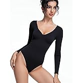 Yuiseaik Women's Deep V Neck Long Sleeve Slim Fit Sexy Tight Bodysuits Thong Solid Color Going Out Top