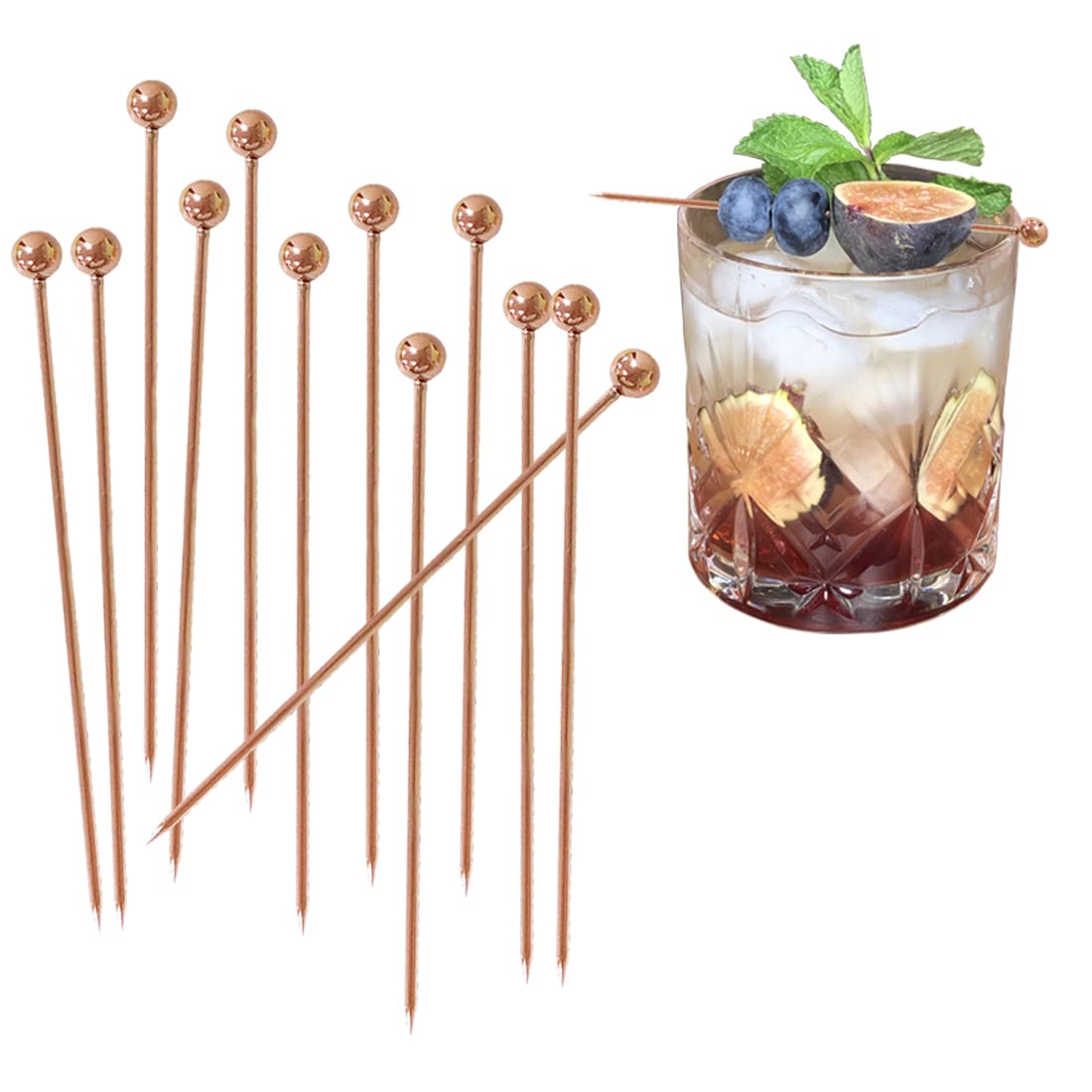LINMOIJN 12Pcs Stainless Steel Fruit Sticks Cocktail Sticks Set, Reusable Drink Picks Appetizer Toothpicks Martini Glass Picks for Holiday Party Events(Rose Gold