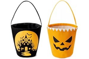Ouksma 2 Pcs Canvas Halloween Trick or Treat Buckets Halloween Candy Snack Baskets Pumpkin Face Candy Holder with Handle for Halloween Party Favor Supplies (Castle/Pumpkin Face)