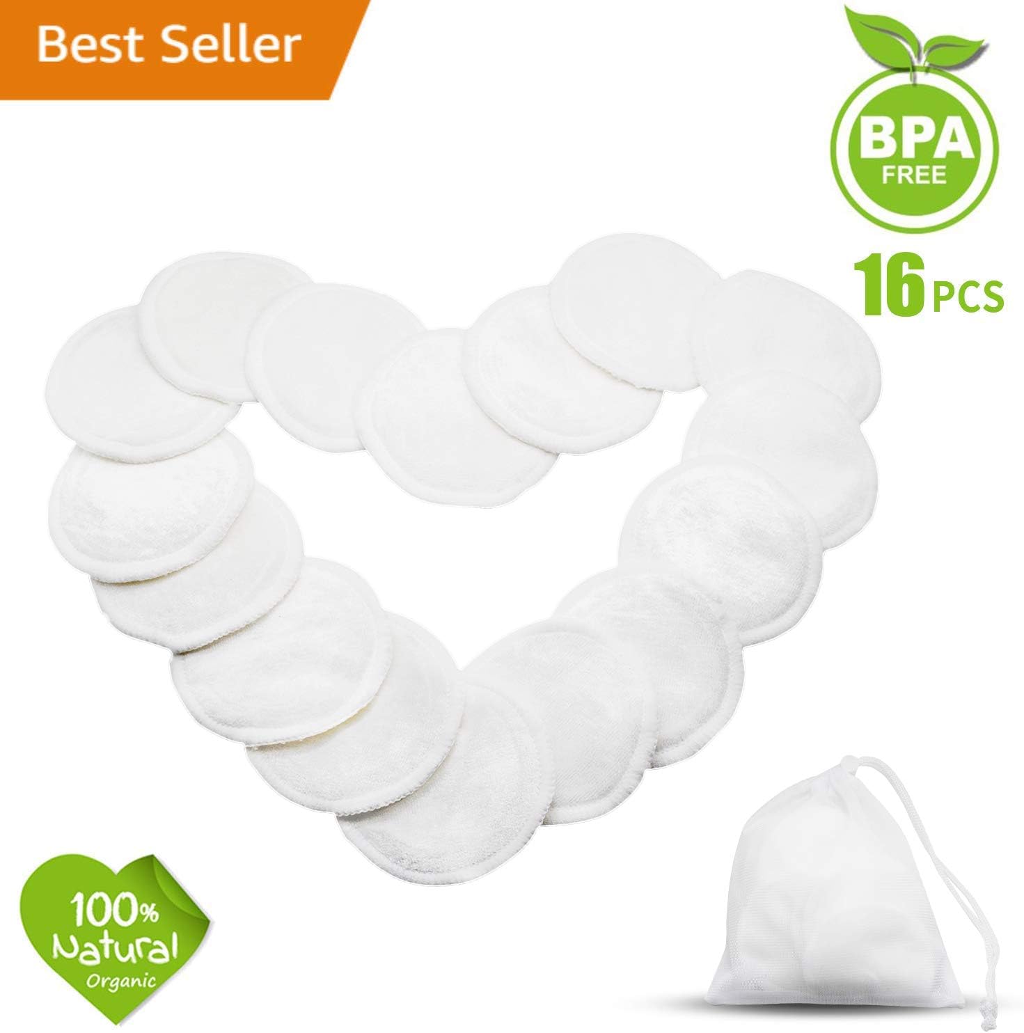 Reusable Makeup Remover Pads 16 Packs, Washable Organic Bamboo Cotton Rounds, Toner Pads, Facial Soft Cleansing Wipes with Laundry Bag