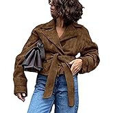 RISCUYY Suede Jacket Women Brown Belted Long Sleeve Lapel Button Down Cropped Faux Suede Jacket Women 2025