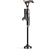 Foldable Walking Cane for Seniors with Dual Handle LED Light &amp; Alarm | Quad Base Stability, Adjustable Height, Lightweight Aluminum Design for Daily Walking, Travel &amp; Recovery Support