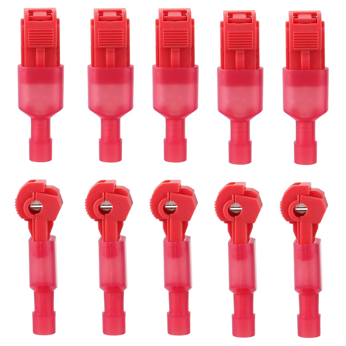 Photo 1 of Baomain T-Tap Wire Connectors, Quick Splice Wire Terminals with 1/4" Nylon Fully Male Spade Connectors Kit AWG 22-18 Gauge Red 20 PCS/10 Pairs (Red)