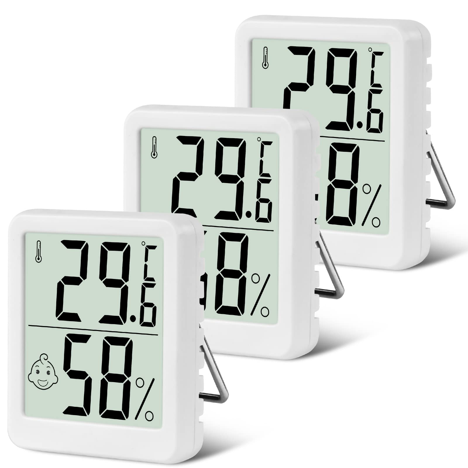 Flintronic Thermometer Hygrometer, 3PCS Digital Mini Thermometer and Hygrometer with Metal Stand, Thermohygrometer with Smile Face Indicating Data for Indoor, Living Room, Baby Room, Office (White)