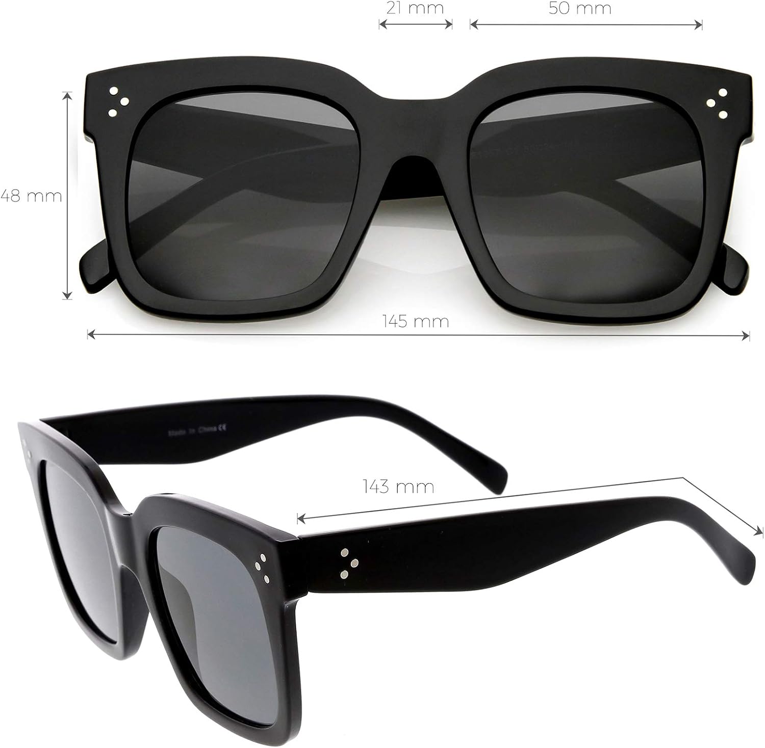 zeroUV - Bold Flat Lens Oversized Square Frame Horn Rimmed Sunglasses 50mm (Shiny Black/Smoke): Clothing