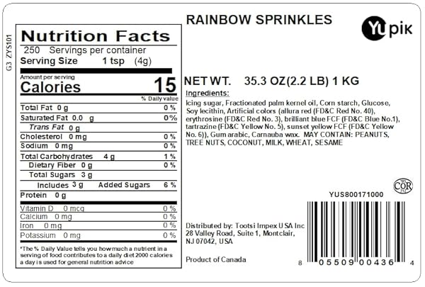 YUPIK RAINBOW SPRINKLES, 2.2 LB (35.2 OZ), LOW SUGAR, CHOLESTEROL-FREE, SODIUM-FREE, KOSHER, IDEAL FOR BAKING, AND DECORATING ICE CREAM, CAKES, COOKIES, CUPCAKES, AND DONUTS