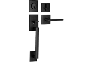 Berlin Modisch HandleSet Front Door Entry Handle and Deadbolt Lock Set Slim Square Single Cylinder Deadbolt and Lever Reversible for Right & Left Sided Doors Heavy Duty – Iron Black Finish