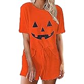 ICNGLKSND Womens Halloween 2 Piece Pajamas Set Short Sleeve Top Elastic Drawstring Waist Shorts Set Pumkin Lounge set