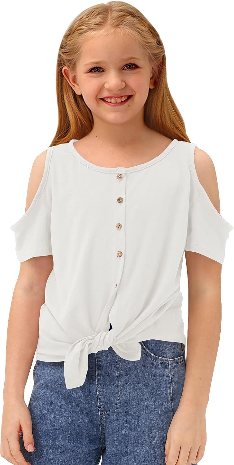 BesserBay Girl's Casual Solid Twist Knot Front Tunic Shirt Cold Shoulder Top 3-12 Years: Clothing