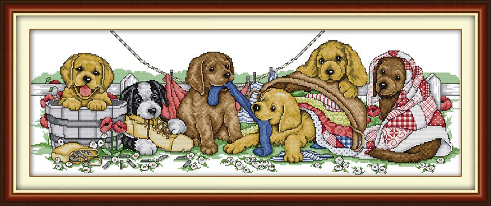 WOWDECOR Cross Stitch Embroidery Kits for Adults Kids, Puppy Dogs Paradise Animals 11CT Stamped DIY DMC Needlework Easy Beginners