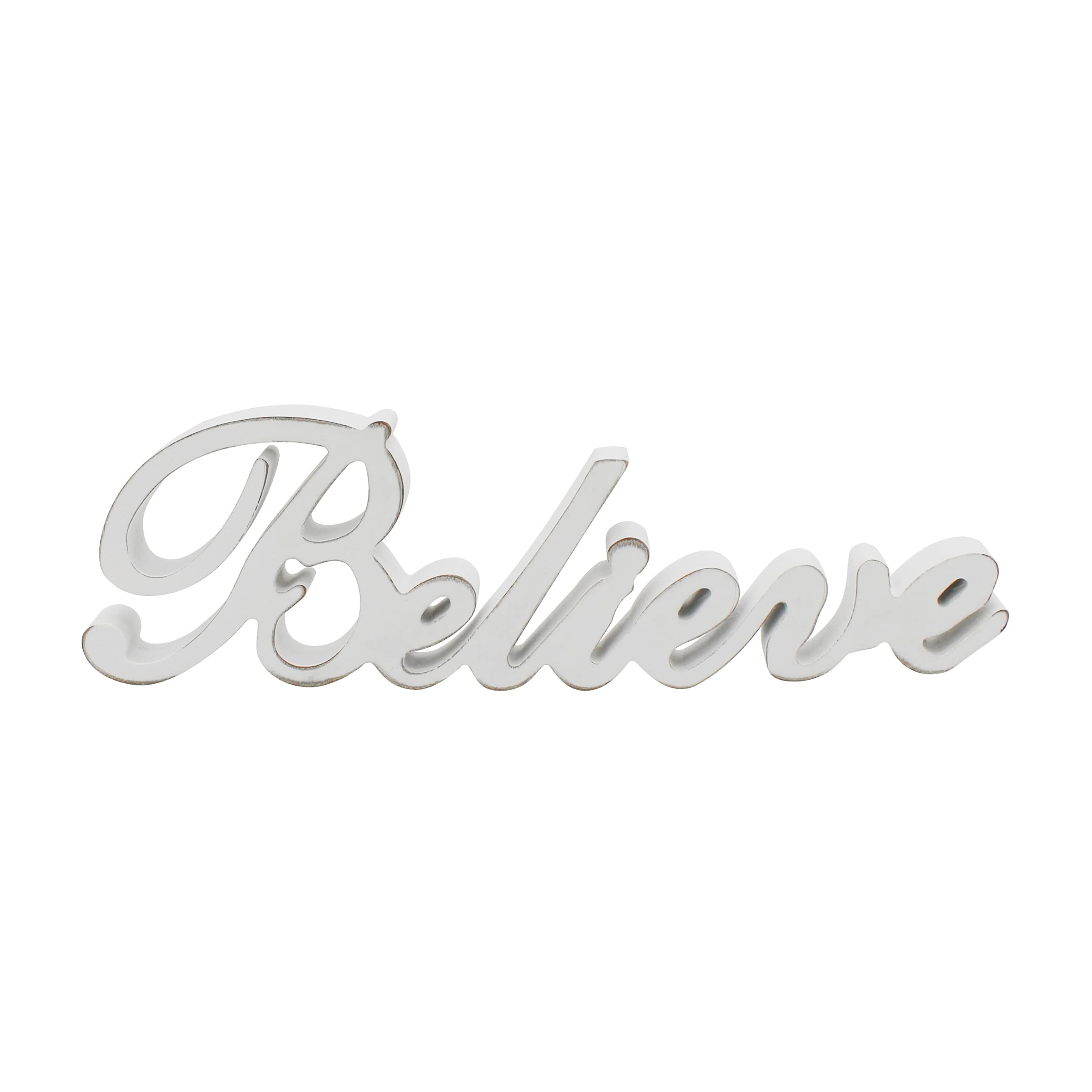 CVHOMEDECO. Rustic Vintage Distressed White Wooden Words Sign Free Standing "Believe" Tabletop/Shelf/Home Wall/Office Decoration Art, 14.25 x 4.25 x 1 Inch