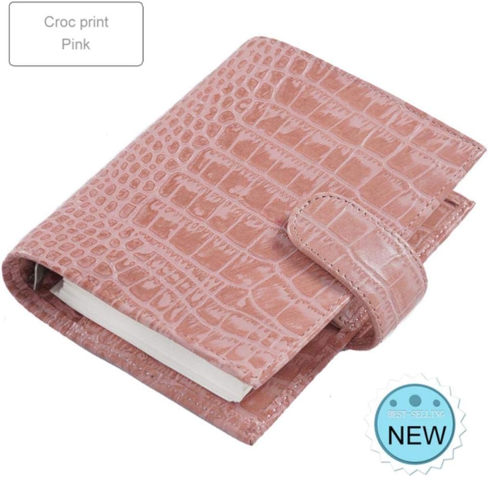 Qingb Genuine Leather Rings Notebook Brass Binder Mini Agenda Organizer Cowhide Diary Journal Sketchbook Planner Big Pocket,Croc Pink,A7 Cover 142x115mm