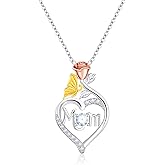 Molenia Mom Birthstone Silver Necklace Genuine 925 Sterling Silver Mothers Day Mama Necklace Jewelry Gifts Rose Heart Dainty Pendant Birthday Gifts for Women Wife Mom from Daughter Son