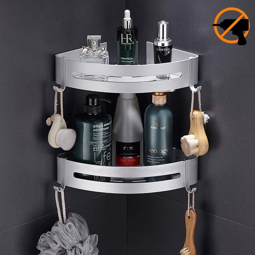 Hodzeed No Drilling Shower Shelf Aluminum 2 Tier Bathroom Shelves