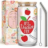Best Teacher Ever Appreciation Gifts for Women,Apple Pencil Teacher Gifts for Christmas Birthday,First Day of School Gift Back to School Thank You Teachers Glass Coffee Cup with Lids and Straws-92