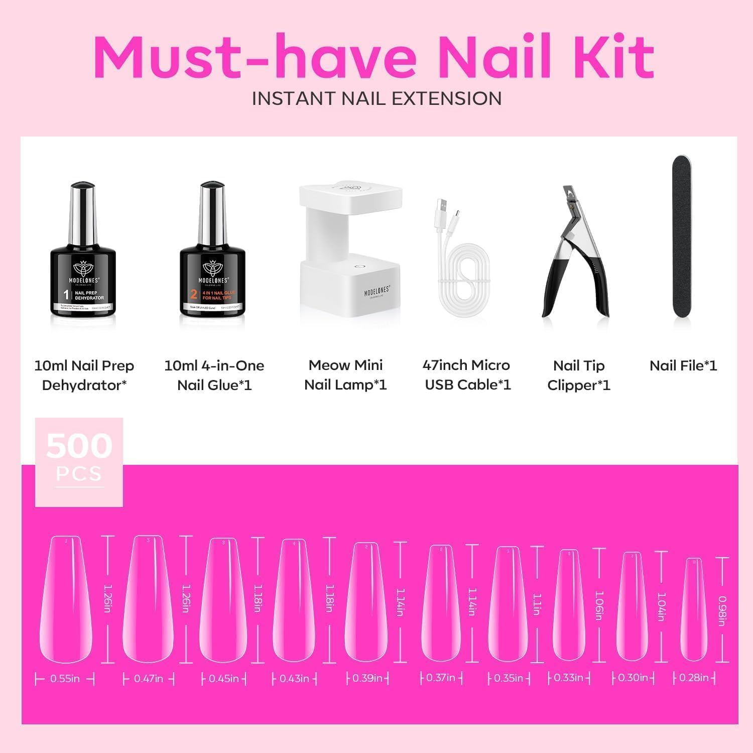 modelones Gel Nail Kit, Nail Tips and Glue Gel Kit with 9-in-One Glue, 500Pcs Long Coffin Tips, Prep Dehydrator, Ultra-Portable LED Lamp, Acrylic Extension Kit Salon Gifts for Women DIY Home - Image 6