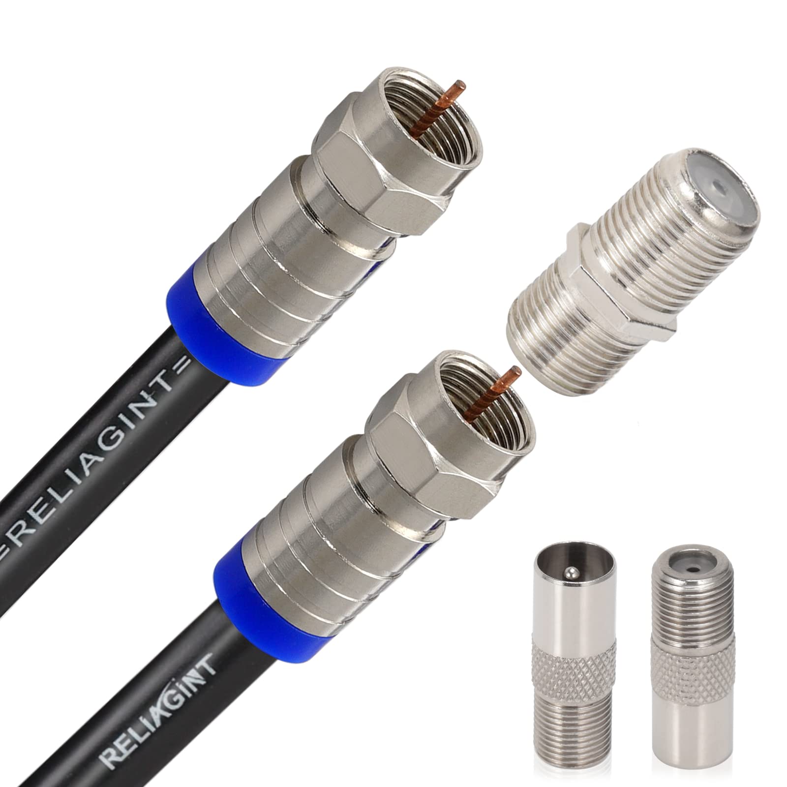 RELIAGINT RG6 TV Coaxial Cable 10m – 75 Ohm Copper Satellite & TV Aerial Cable with F Connectors & F81 Coupler, Waterproof, up to 3 GHz, Black