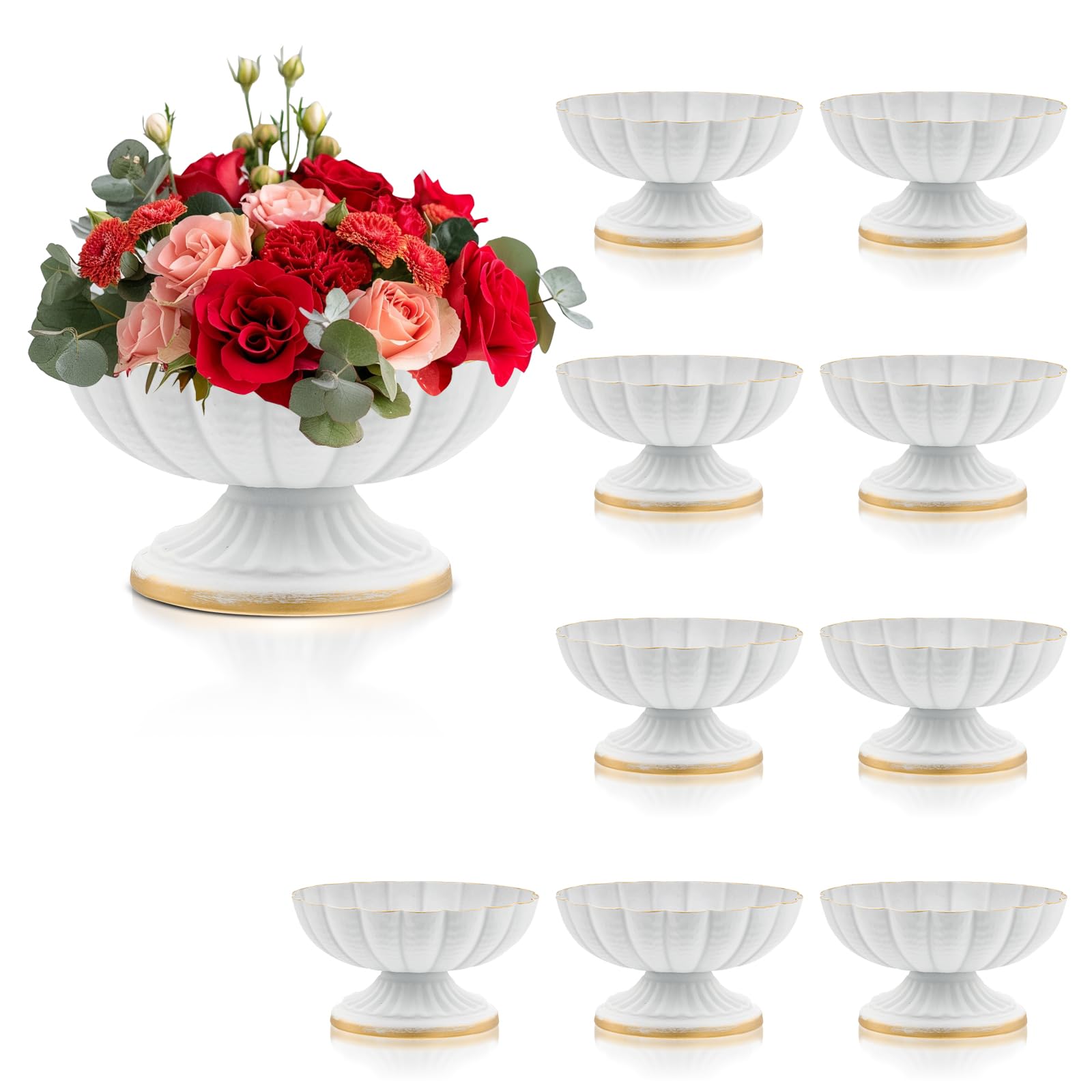 Photo 1 of AZXTOPSEZ White Flower Vases for Centerpieces: Vintage Compote Bowl Vase for Wedding White Centerpieces for Table 4 Inch Small Pedestal Vase for Party Metal Urn Vases for Anniversary Home Set of 10