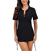 Halcurt Women's Short Sleeve Rash Guard Swim Shirt with Bra Half Zip Tie Drawstring UPF50+ Swimsuit Top