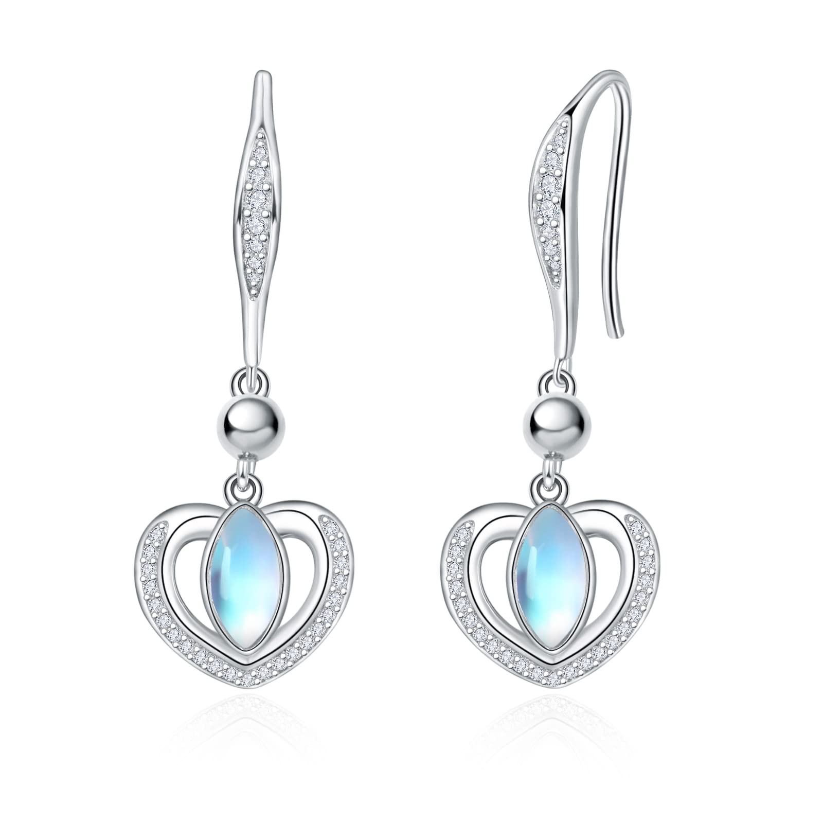 KINGWHYTE Heart Teardrop Moonstone Drop Earrings 925 Sterling Silver Heart Hook Dangle Earrings Jewellery Gifts for Women